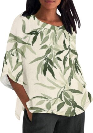 Linen Shirt for Women Crew Neck 3/4 Sleeve Tunic Blouses Casual Loose Fall T-Shirt Tops for Ladies Summer S-5XL