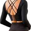 ECUPPER Women Long Sleeve Workout Tops Backless Yoga Gym Shirts Athletic Crop Top with Built in Bra for Fitness Sports