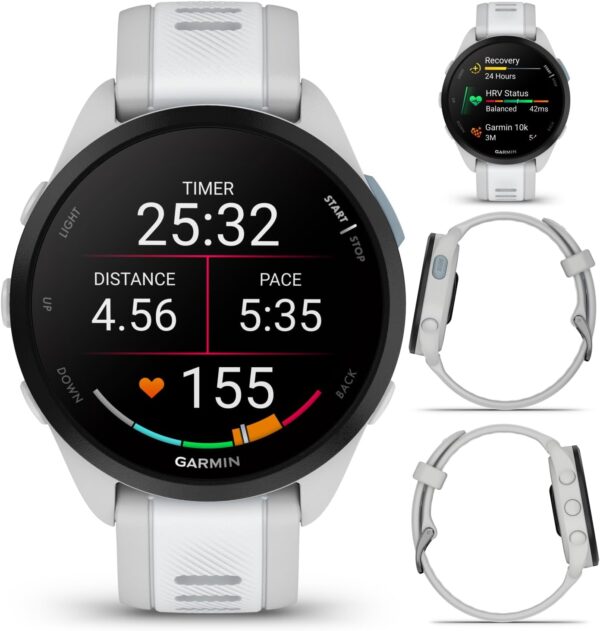 Garmin Forerunner 165 Running Smartwatch, Colorful AMOLED Touchscreen, Training Metrics and Recovery Insights Includes Wearable4U PowerPack +Adapters Bundle, Mist Gray/Whitestone
