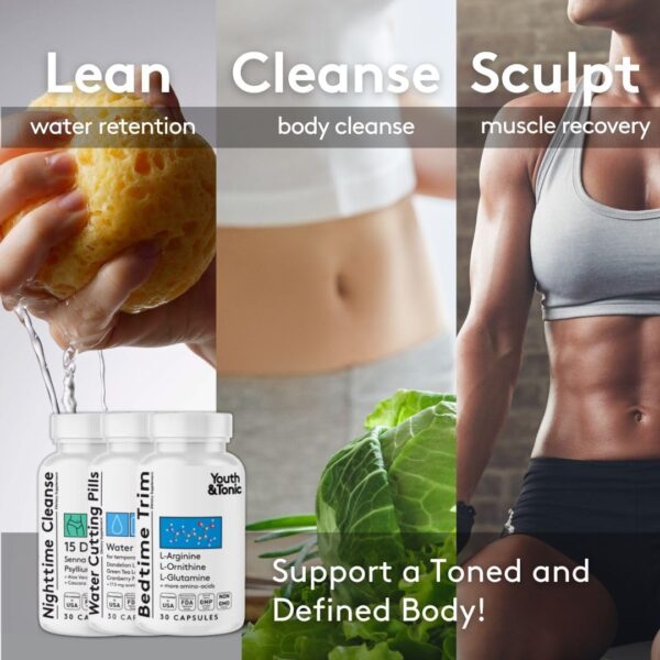 Youth & Tonic Sculpt Lean Cleanse – Feel Lighter & More Toned, Water Weight & Bloating Relief, Detox & Fluid Loss Support – Bedtime Trim, 15 Day Colon Cleanser, 90 Pills for Metabolism & Defined Body