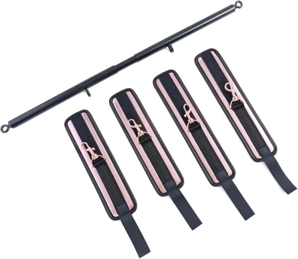 Spreader Bar Heavy Duty Stainless Steel Expandable Black Bar Home Gym with 4pcs Furry Purple Adjustable Strap,Sports Aid Training Fitness Gear Pilates Aid Kit,Yoga Set (Black+Rose-Gold PU Kit)
