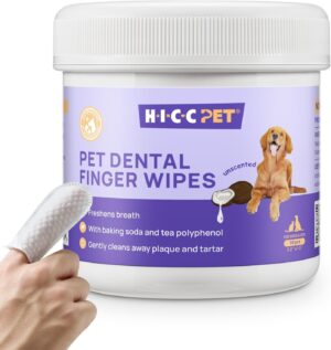 HICC PET Teeth Cleaning Wipes for Dogs & Cats, Remove Bad Breath by Removing Plaque and Tartar Buildup No-Rinse Dog Finger Toothbrush, Disposable Gentle Cleaning & Gum Care Pet Wipes, 50 Counts