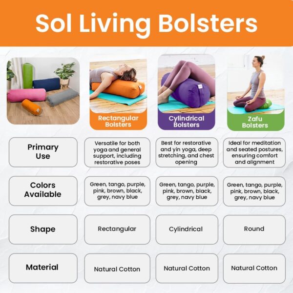 Sol Living Yoga Bolster Pillow for Restorative Yoga Meditation Bolster 100% Cotton Cylindrical Meditation Cushion Firm Yoga Cushion Bolster Washable Cover Body Pillow for Balance Support Asana Poses