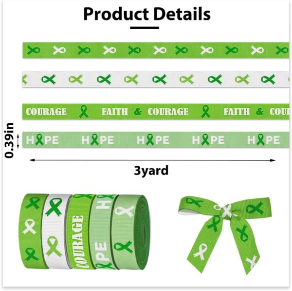 5 Pieces 3 Yards Cancer Prevention Awareness Ribbon for Crafting Sewing, 3/8 Inch White Green Grosgrain Ribbons for Hair Bow, Mental Health Awareness Ribbons for Cancer Charity Event Supplies