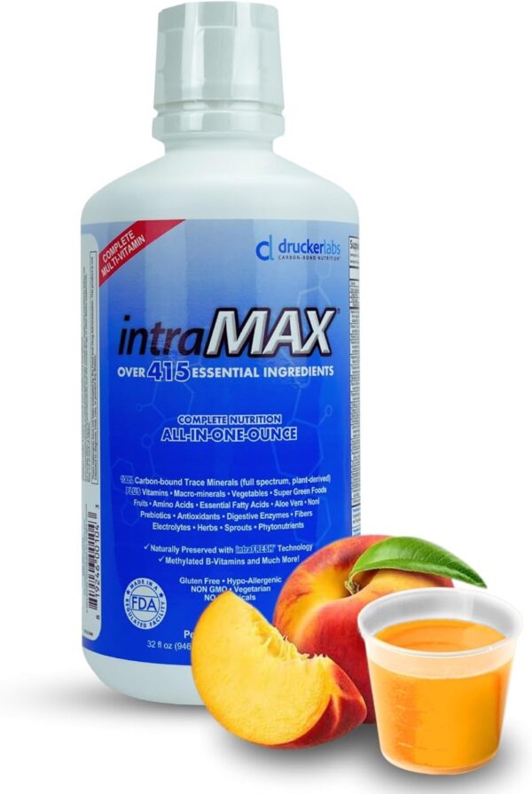 IntraMAX 2.0 Organic Liquid Trace Minerals, Liquid Multivitamin, for Men and Women, Non GMO, Dairy Free, Gluten Free, Magnesium, Vitamin D, C E, Zinc, Vitamin E (32 oz., Peach Mango)