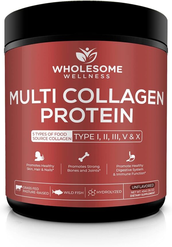 Multi Collagen Protein Powder Hydrolyzed (Type I II III V X) Grass-Fed All-in-One Super Bone Broth + Collagen Peptides - Premium Blend of Beef, Chicken, Wild Fish, Eggshell, 58 Servings, Unflavoured