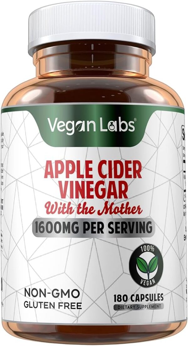 Vegan Labs Apple Cider Vinegar Capsules with The Mother- 180 Vegan Capsules, 1600MG Per Serving- 100% Natural ACV Pills- Supports Healthy Digestion, Keto, Weight Management, Detox, and Immune System