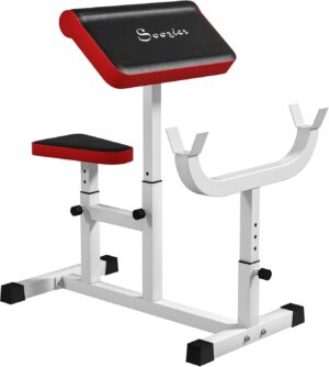 Soozier Adjustable Preacher Curl Bench with Brabell Rack, Strength Training Seated Arm Isolated Barbell Dumbbell Bicep Station, 265 LBS Home Gym Fitness Equipment