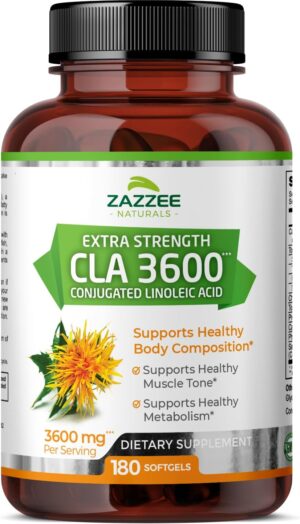 Zazzee High Potency CLA 3600, 180 Softgels, 3600 mg per Serving, Conjugated Linoleic Acid from Safflower Oil, Concentrated and Standardized, 60 Day Supply, Non-GMO and Made in The USA