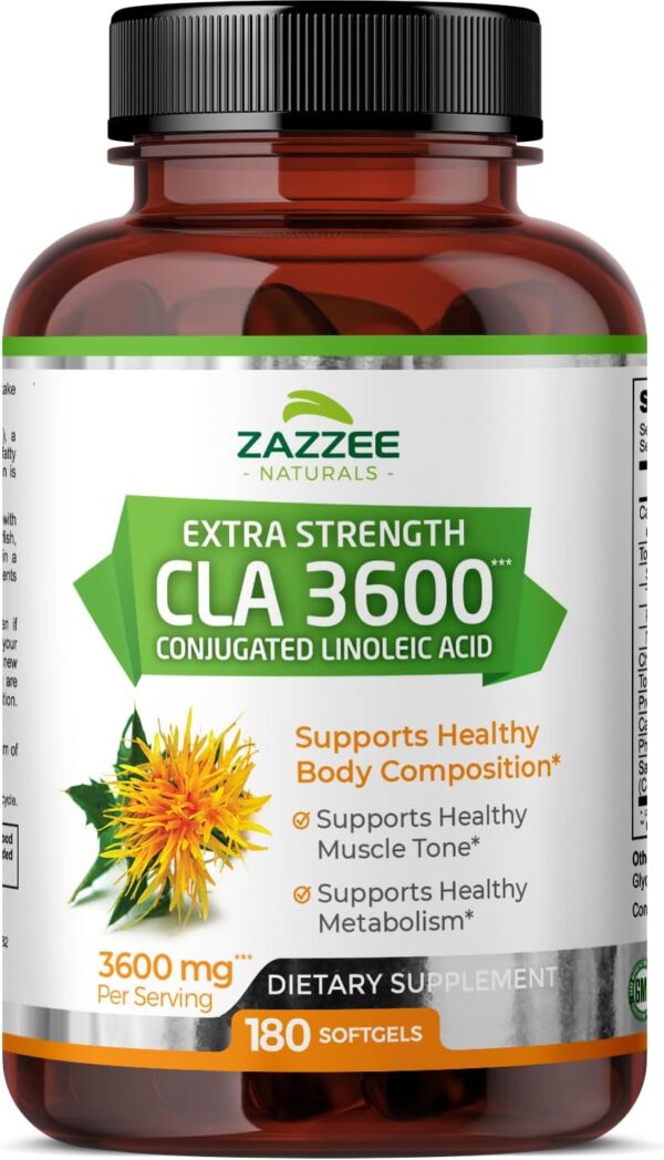 Zazzee High Potency CLA 3600, 180 Softgels, 3600 mg per Serving, Conjugated Linoleic Acid from Safflower Oil, Concentrated and Standardized, 60 Day Supply, Non-GMO and Made in The USA