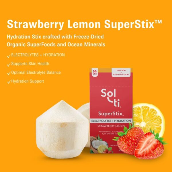Sol-ti Organic Electrolytes + Hydration Drink Mix, Superfood Hydration Sticks, SuperStix, Non-GMO, Vegan, Strawberry Lemon, 14 Single-Serving Sticks