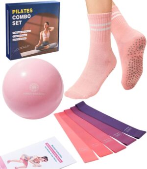 Pilates Ball Resistance Bands Pilates Socks Sets, Loop Exercise Bands 5 Levels, Small Pilates Ball 9 Inch, Non Slip Socks Grips Yoga Kit for Home Workouts