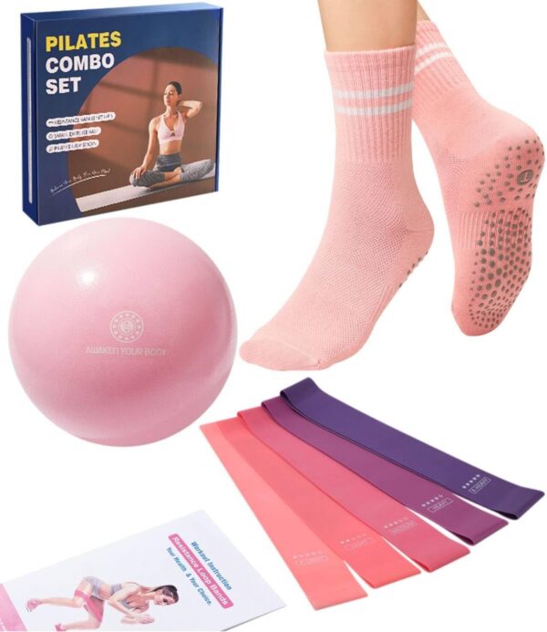 Pilates Ball Resistance Bands Pilates Socks Sets, Loop Exercise Bands 5 Levels, Small Pilates Ball 9 Inch, Non Slip Socks Grips Yoga Kit for Home Workouts
