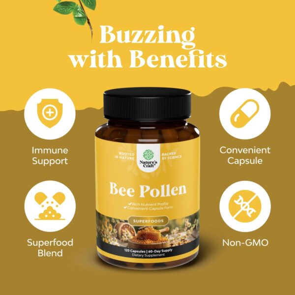 Bee Pollen Supplement 1000mg per Serving - Pure Bee Pollen Capsules with Naturally Occurring B Vitamins Minerals & Enzymes - Pills Made Vegetarian Non-GMO & Gluten Free (60 Servings)
