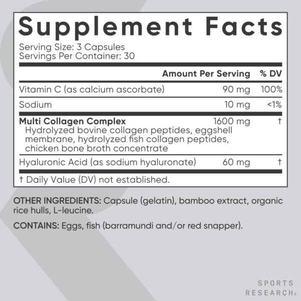 Sports Research Multi Collagen Pills (Type I, II, III, V, X) Hydrolyzed Collagen Peptides with Hyaluronic Acid + Vitamin C | Non-GMO Verified & Gluten Free - 90 Capsules