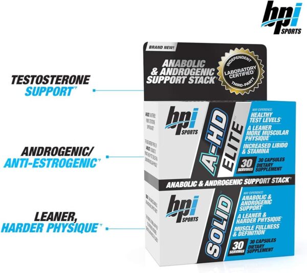 BPI Sports A-HD Elite/Solid (30 Capsules) – Men’s Testosterone Booster – Healthy Muscle, Strength, & Performance Support – Promotes Natural Fat Loss & Libido – 30 Servings – 550mg