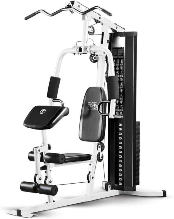 Marcy Home Gym Workout Station with Curl Pad, Lat Pulldown, Leg Developer & Weights, White