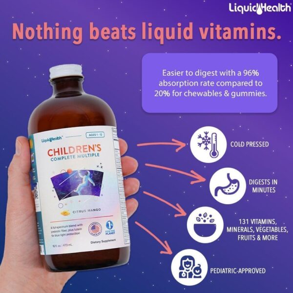 LIQUIDHEALTH 16 Oz Kids Liquid Multivitamin Complete Multiple for Children, Toddlers - Essential Vitamins & Minerals Supplement, Immune Support, Gluten Free, Non GMO, Prebiotic Fiber
