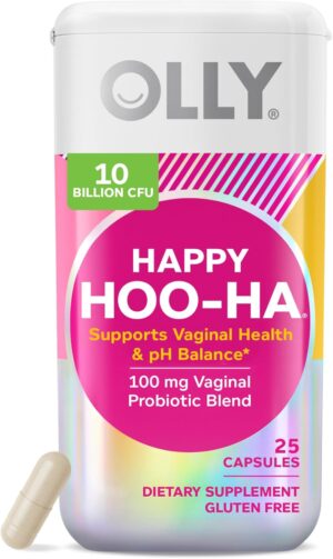 OLLY Happy Hoo-Ha Capsules, Probiotic for Women, Vaginal Health and pH Balance, 10 Billion CFU, Gluten Free - 25 Count (Packaging May Vary)