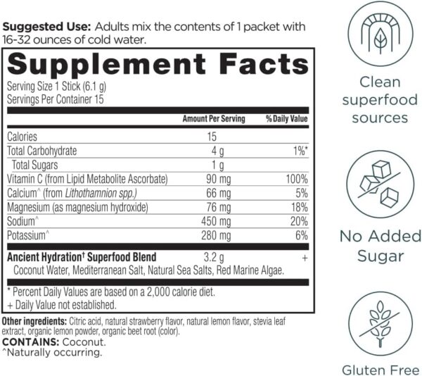 Ancient Nutrition Rapid Hydration Powder, Strawberry Lemonade, Electrolytes from Natural Sea Salts and Red Marine Algae, Supports Rapid Body Hydration and Cellular Health, 15 Servings