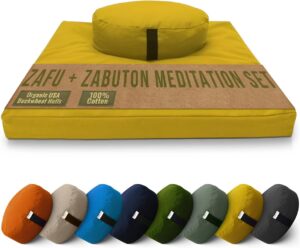Bean Products Meditation Cushion Set - Zafu and Zabuton Meditation Pillows for Sitting on Floor, Yoga Cushion, Cotton Yoga Pillow, Zen Kneeling Prayer Pad- Made in USA - Oval, Saffron