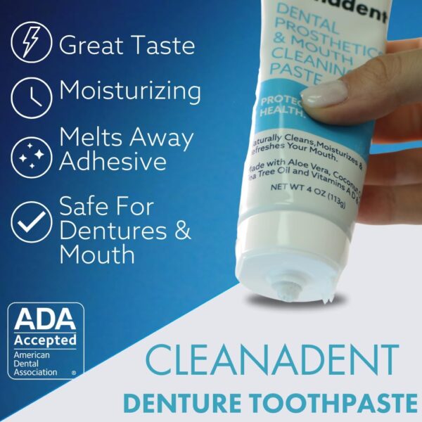 Dr. B Dental Solutions Cleanadent Denture and Gum Toothpaste, ADA Accepted All-Natural Denture Toothpaste for Adults - Removes Odors, Surface Stains and Adhesives - 4 oz