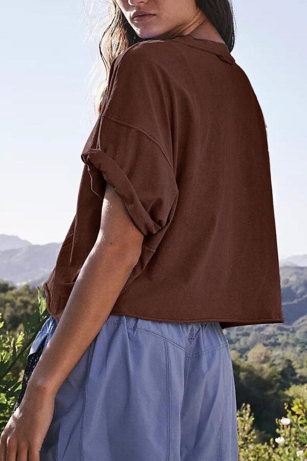 Women's Oversize Workout Crop Tops Casual Short Sleeve Drop Shoulder Boxy T-Shirts Roll Hem Basic Loose Yoga Running Tees