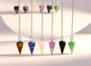 DUQGUHO 6 Pcs Crystal Pendulum Set Wiccan Accessories Divination Tools Natural Healing Crystal Quartz Colored Gemstone Pendants for Spritual Pointed Crystal Grid Reiki Meditation