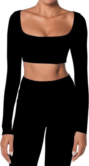 Sunzel Long Sleeve Workout Tops for Women Breathable Square Neck Crop Top with Built in Bra Cropped Yoga Shirt for Lounge Gym