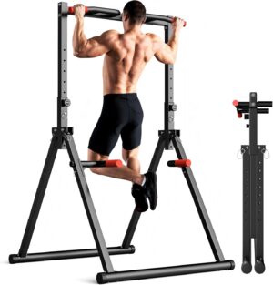 SERTT Foldable Power Tower Dip Station Pull Up Bar, Multifunction Home Gym Strength Training Equipment, Fitness Triangular Design Pullup Dip Station Rack, Support 440LBS