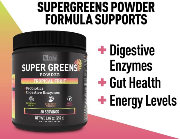 Super Greens Powder | Superfood to Support Digestive Enzymes and Bloating with 2 Billion Probiotics | Support Energy Levels & Gut Health | GMP Certified, Non-GMO | Tropical Fruit Refresher