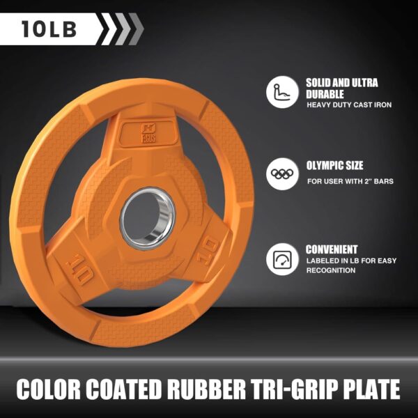 61Y3AIU6ViL._AC_SL1000_.jpg Color Coded 2-Inch Rubber Coated Olympic Grip Plate for Barbell,Solid Cast Iron Weight Plates for Strength Training,Weightlifting,Crossfit, Home Gym, 2.5/5/10/15/25/35/45 LB, Single and Pair