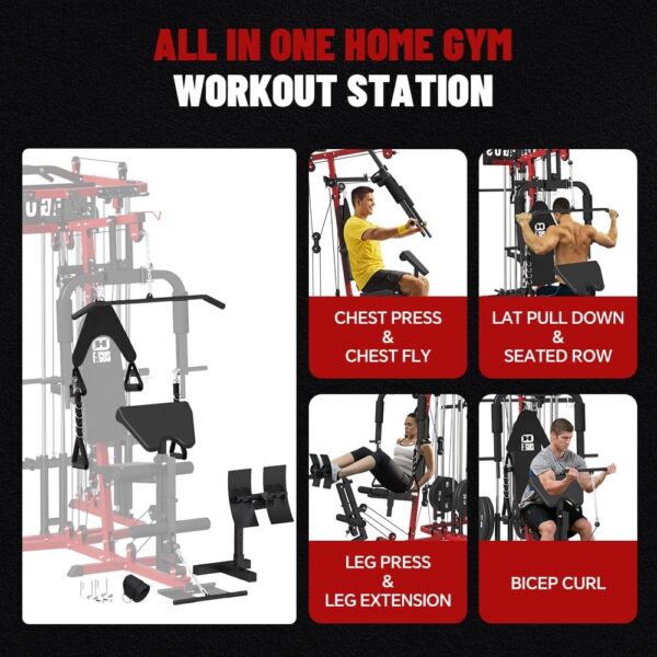 All in One Home Gym System Workout Station, Multi-Function Smithe Machine Power Cage with Cable Crossover System, Tripe-Sided Independent Load Posts, Functional Trainer for Full Body Training