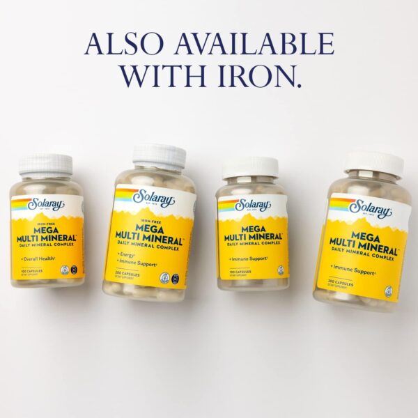 SOLARAY Iron-Free Mega Multi Mineral - Daily Mineral Complex w/Calcium, Magnesium, Zinc and More, Absorbable Chelated Forms, Energy and Immune Support, 60-Day Guarantee, 50 Servings, 200 Capsules