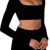 Sunzel Long Sleeve Workout Tops for Women Breathable Square Neck Crop Top with Built in Bra Cropped Yoga Shirt for Lounge Gym