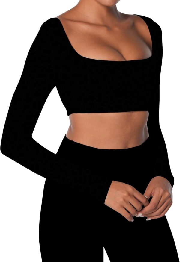 Sunzel Long Sleeve Workout Tops for Women Breathable Square Neck Crop Top with Built in Bra Cropped Yoga Shirt for Lounge Gym