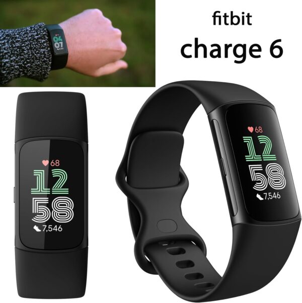 Fitbit Charge 6 Fitness Tracker Watch (Black) Bundle with 2 Watch Bands, 3.3foot Charge Cable, Wall Adapter, Screen Shields & Cloth Compatible with Fitbit