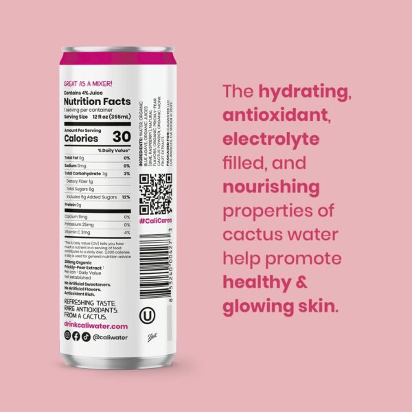 Caliwater - Organic Cactus Water - Wild Prickly Pear - 5g Sugar, 25 Calories - Coconut Water Alternative - Natural Plant Based Hydration - Skin Care, Electrolyte Drinks - Flavored Water - 12 Cans