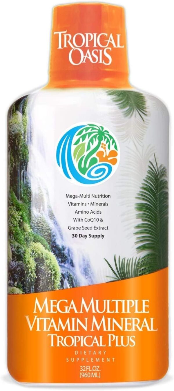 Tropical Oasis Mega Plus - Liquid Multivitamin and Mineral Supplement – Includes 85 Vitamins & Minerals, 20 Amino Acids + CoQ10, Grape Seed Extract & Organic Aloe Vera - 32oz, 32 Servings, 33460