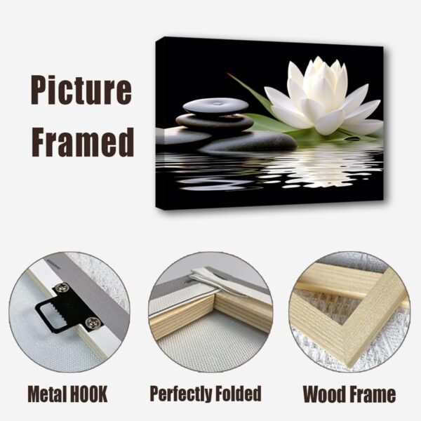 LZIMU Zen Canvas Wall Art White Lotus and Black Zen Stones Bloom in Water Picture Prints for Yoga Spa Meditation Spiritual Room Bathroom Decor (Zen-1, 16"x24")