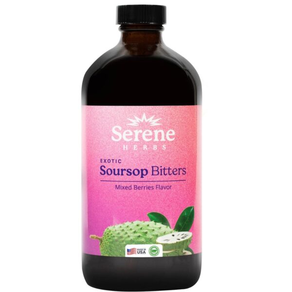 Serene Herbs Soursop Bitters Liquid Mixed Berry with Soursop Leaves for Gut Cleanse, Detox & Immune Boost with Black Seed, Moringa, Irish Moss, Ashwaganda, Turmeric, 16 fl oz | 32 Servings