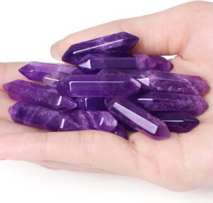 QINJIEJIE 20PCS Amethyst Crystals Wands Stones Set Healing Crystal Points Bulk Gemstones Hexagonal Polished Gems Natural Reiki Stone for Energy Balancing Meditation Witchcraft Gifts