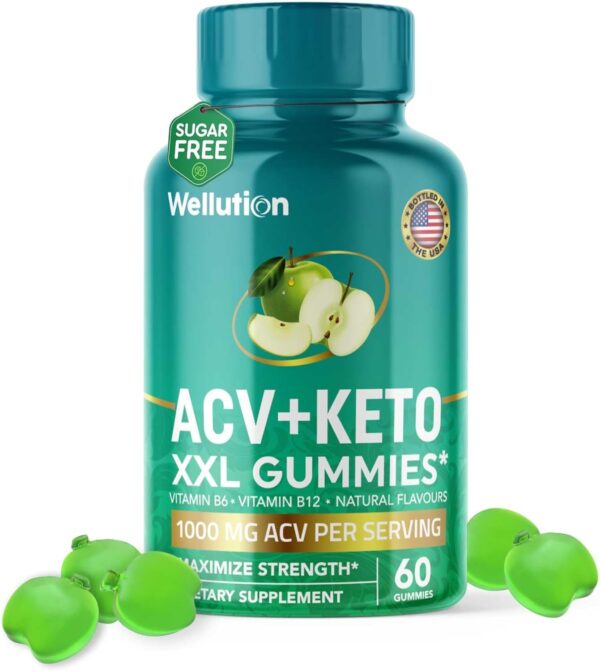WELLUTION XXL Keto ACV Gummies: 1,000 mg, Sugar-Free, 60 Count, Aiding Digestion & Detox, Boosting Metabolism, Weight Loss Support, Apple-Flavored for Men & Women