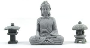 Buddha Statue and 2 Japanese Lantern Pagoda Statues Zen Garden Accessories Buddha Statues for Home Decor Mini Meditation Decor, Buddha Decor, Zen Decor