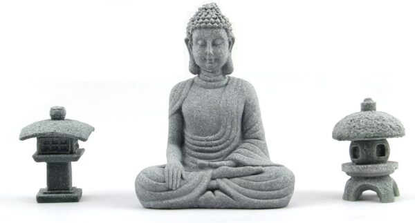 Buddha Statue and 2 Japanese Lantern Pagoda Statues Zen Garden Accessories Buddha Statues for Home Decor Mini Meditation Decor, Buddha Decor, Zen Decor