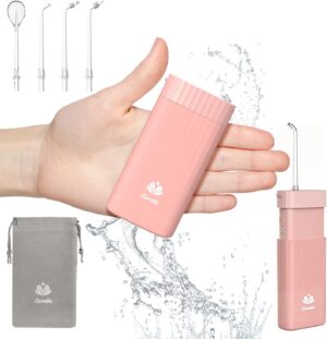 Portable Water Flosser for Teeth,Travel Water Flosser Picks,Mini Cordless Oral Irrigator Rechargeable Power Dental with Telescopic Water Tank, IPX7 Wateroproof for Brace & Sensitive Teeth Care,Pink