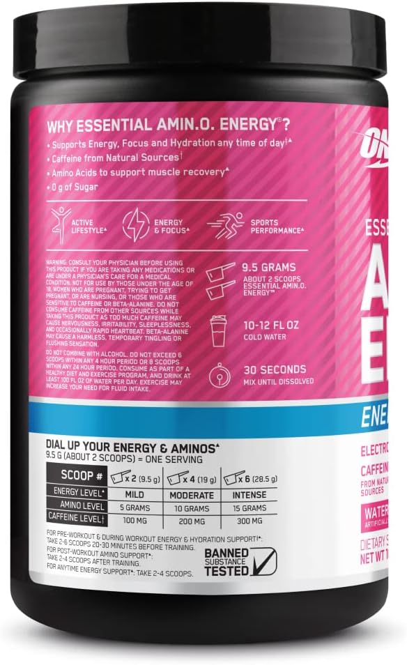 Optimum Nutrition Amino Energy Powder Plus Hydration, with BCAA, Electrolytes, and Caffeine, Watermelon Splash, 30 Servings (Packaging May Vary)