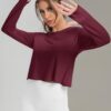 Mippo Cropped Long Sleeve Workout Tops Open Back Athletic Gym Yoga Shirts with Thumb Hole