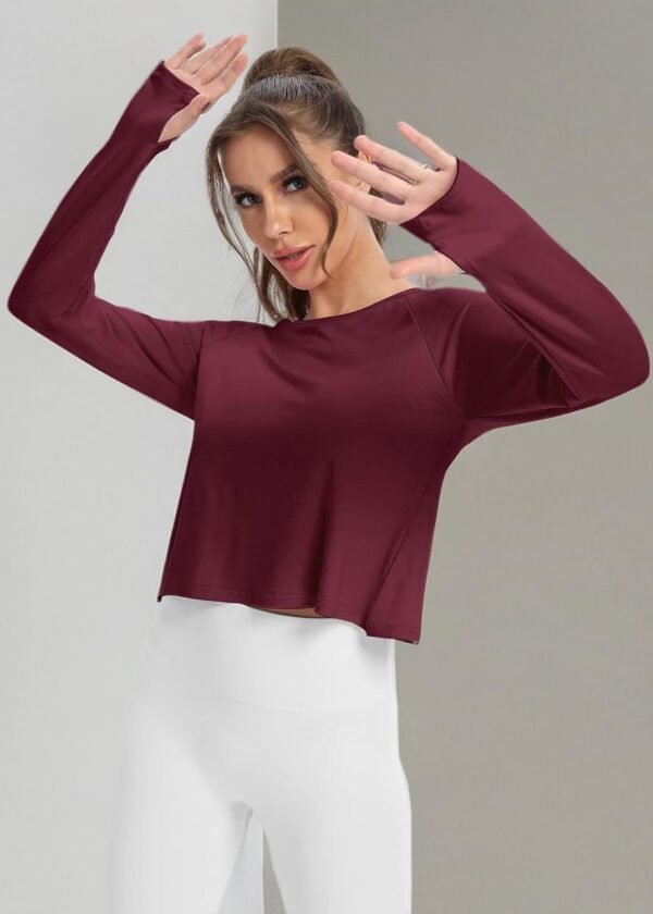 Mippo Cropped Long Sleeve Workout Tops Open Back Athletic Gym Yoga Shirts with Thumb Hole