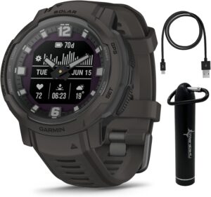 Wearable4U - Garmin Instinct Crossover Solar, Rugged Hybrid Smartwatch, Analog Hands and Digital Display 1.27 in, Graphite with E-Bank Bundle